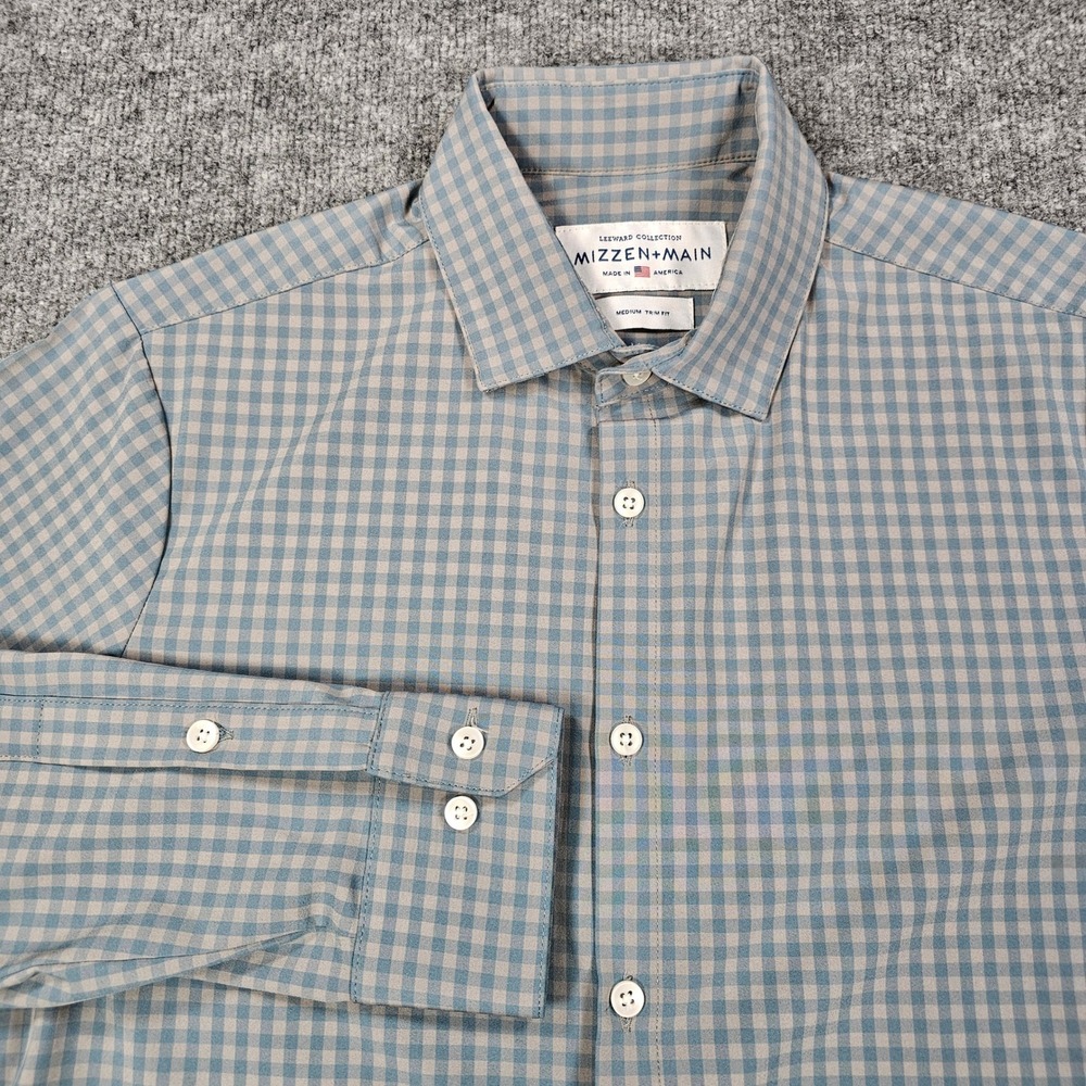 Mizzen Main Leeward Shirt Mens Medium Trim Fit Blue Gingham Performance Stretch
